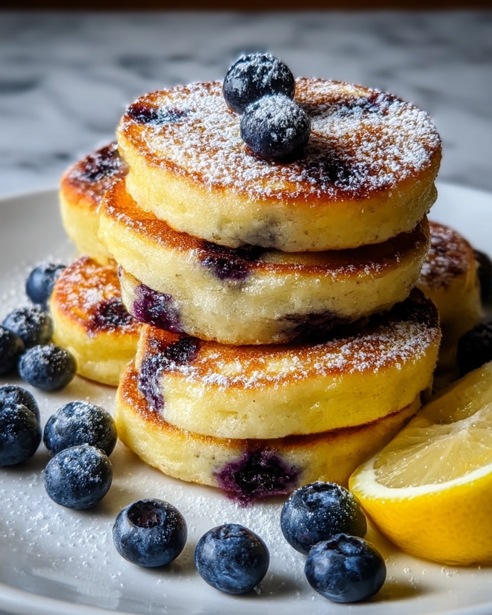A stack of six thick, round blueberry pancakes arranged closely on a white plate, each pancake golden brown on top with visible blueberries inside and on top, dusted with a light layer of powdered sugar that adds a soft white contrast; scattered fresh blueberries sit around the pancakes, and a lemon wedge rests on the side of the plate, all placed on a white marbled background. photo taken with an iphone --ar 4:5 --v 7