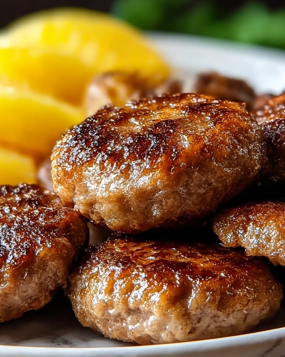 The image shows close-up, crispy browned sausage patties with a shiny, slightly oily surface, giving a rich texture. The patties are thick and round with a golden-brown color on the top and sides. Behind the patties, there are blurry yellow slices of what seems to be cooked potatoes or fruit, adding a soft contrast. The dish is presented on a smooth white plate with a white marbled background slightly visible in the blurry parts. The overall focus is on the detailed texture of the sausage patties. photo taken with an iphone --ar 4:5 --v 7