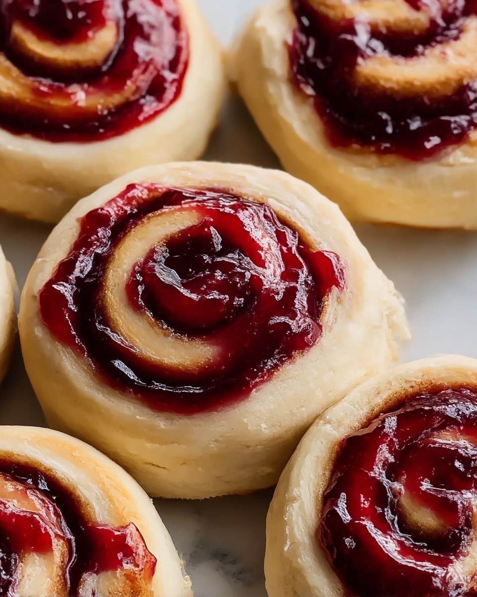The image shows close-up views of several soft, round rolls made of light tan dough, swirled into spiral shapes with two visible layers. The outer layer is light and fluffy, while the inner spiral layer is covered thickly with a glossy, deep red fruit jam that looks sticky and slightly chunky, spreading unevenly within the spiral creases and oozing slightly outwards. The rolls have a smooth and slightly shiny surface, arranged close together on a white marbled surface, with no other items visible. photo taken with an iphone --ar 4:5 --v 7