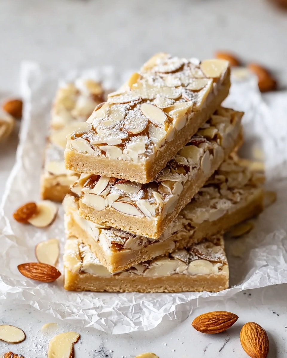 A stack of light golden bars with a smooth, slightly glossy texture, each topped with thin, pale beige almond slices and dusted with fine white powdered sugar. The bars are cut into rectangular shapes and neatly piled on crumpled white parchment paper. The parchment rests on a round, dark wooden board, contrasting with the white marbled surface underneath. Scattered almond slices and whole almonds surround the board, adding a natural touch. Soft blurred elements in the background include a white bowl and a tall glass jar with sticks inside. photo taken with an iphone --ar 4:5 --v 7