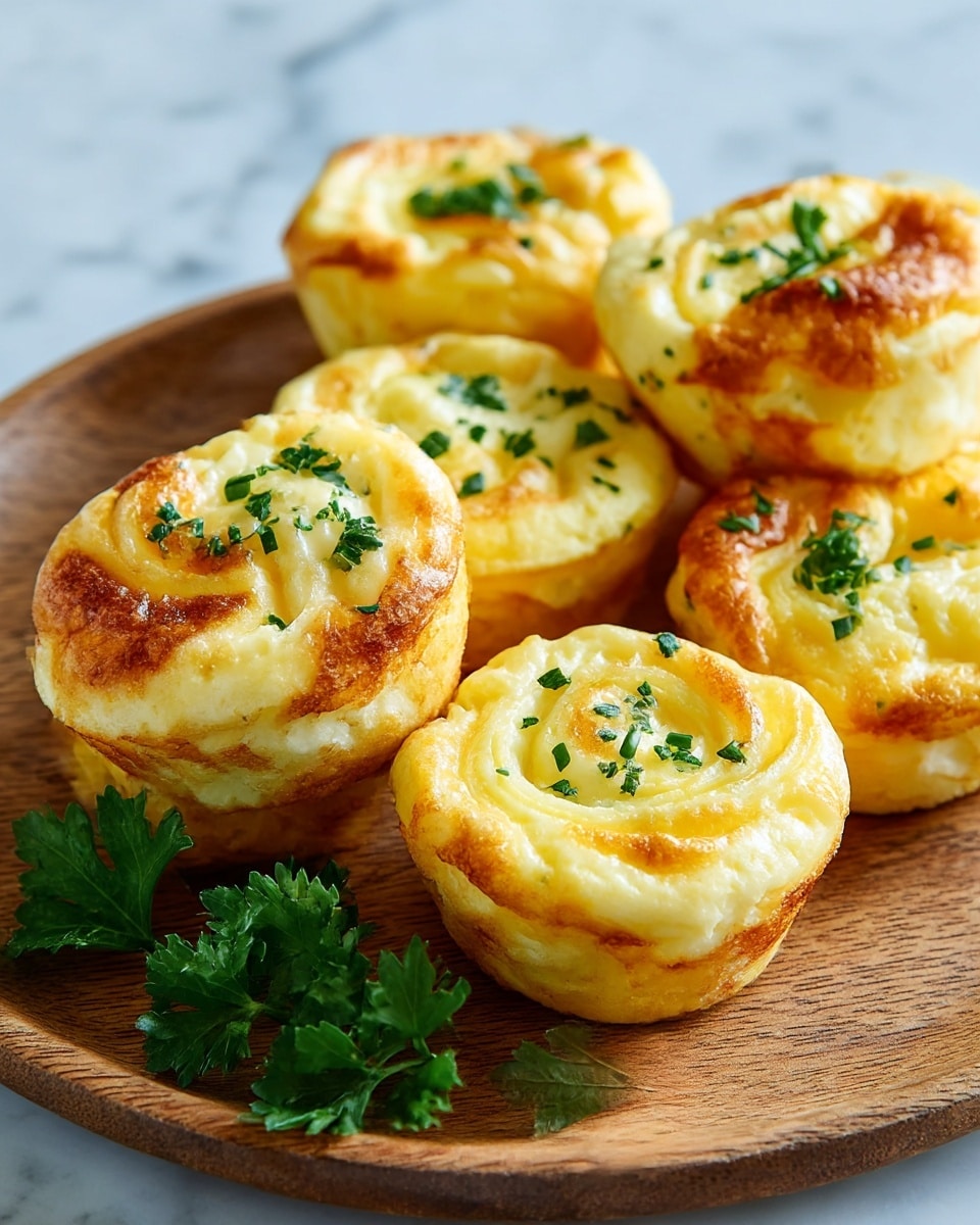 A group of eight small, round egg muffins with a light golden brown top and edges sit on a wooden plate. Each muffin has a soft, fluffy texture with visible egg white and yellow yolk layers swirling inside. They are topped with small pieces of chopped green herbs, adding a fresh accent to the smooth, slightly browned surface. A sprig of fresh green parsley rests near the front of the plate. The background is a white marbled texture, making the warm colors of the muffins stand out clearly. photo taken with an iphone --ar 4:5 --v 7