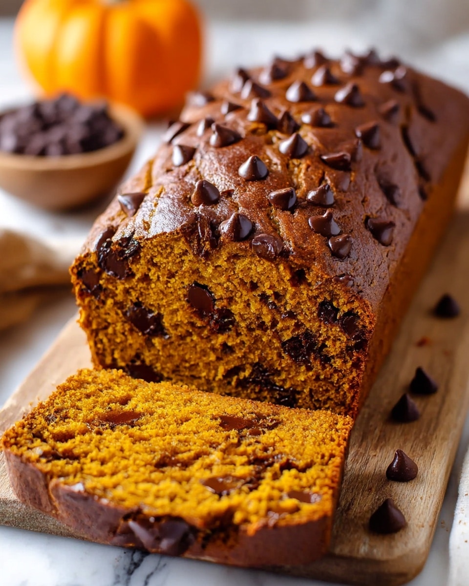 The image shows a loaf of pumpkin chocolate chip bread with one thick slice cut and lying flat in front. The bread has a rich orange-brown color with dark chocolate chips spread throughout the soft and moist interior. The top layer is a darker brown crust, dotted with melted chocolate chips that glisten. The texture looks dense but soft, with a crumbly surface on the cut slice. The bread is sitting on a wooden board with a blurred bowl of chocolate chips and an orange pumpkin in the background on a white marbled surface. Photo taken with an iphone --ar 4:5 --v 7