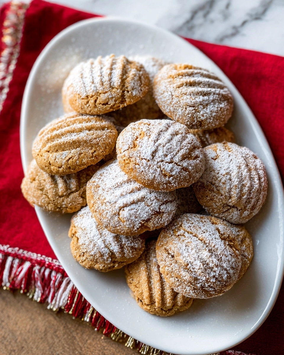 A white oval plate holds a pile of round brown cookies, each with visible cracks and lines on the top surface, dusted lightly with white powdered sugar. The cookies are arranged loosely in the center of the plate, showing their textured and slightly rough outer layer. The plate rests on a wooden table with a woven red cloth partially underneath. A white bowl and a metal powder sifter with a white handle are nearby on the table. Photo taken with an iphone --ar 4:5 --v 7