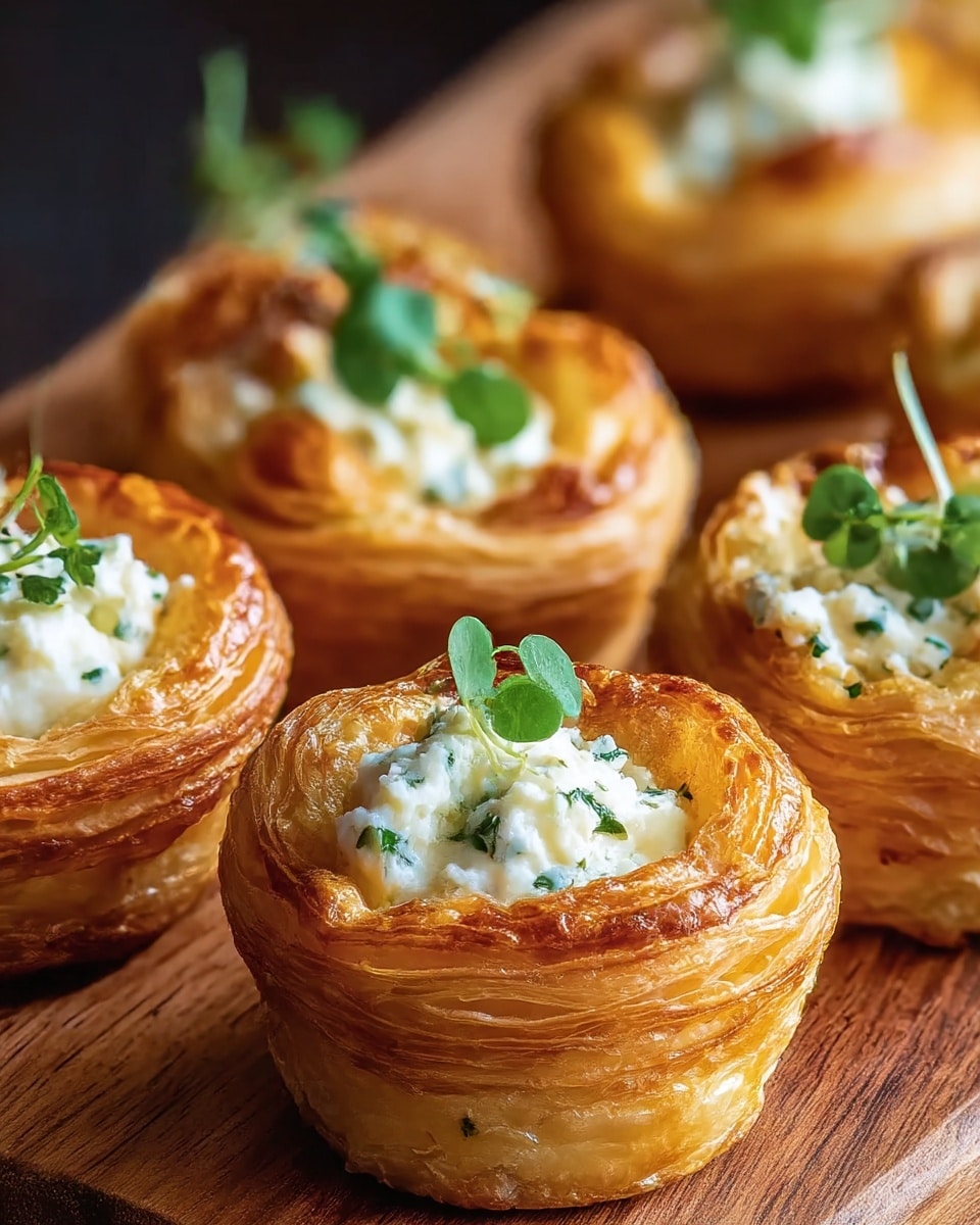The image shows several small golden brown puff pastry cups with multiple flaky, crispy layers clearly visible on the sides. Each cup is filled with a creamy white cheese mixture, sprinkled with small green herb pieces, and topped with a small fresh green leaf garnish. The pastries are placed closely together on a wooden surface, showing a warm and inviting texture. photo taken with an iphone --ar 4:5 --v 7