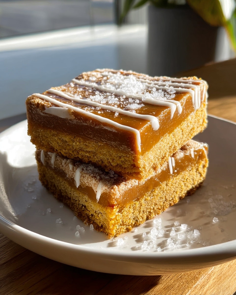Two square pieces of dessert sit side by side on a white plate, each having three visible layers. The bottom layer is crumbly and golden, the middle layer is thick and smooth with a rich caramel color, and the top layer is a textured baked crust with a light brown shade. White icing is drizzled in thin lines across the top, and coarse white sugar crystals are scattered on both the dessert and the plate. The dessert is placed on a wooden surface near a window, with soft sunlight highlighting the glossy texture on the middle layer, photo taken with an iphone --ar 4:5 --v 7