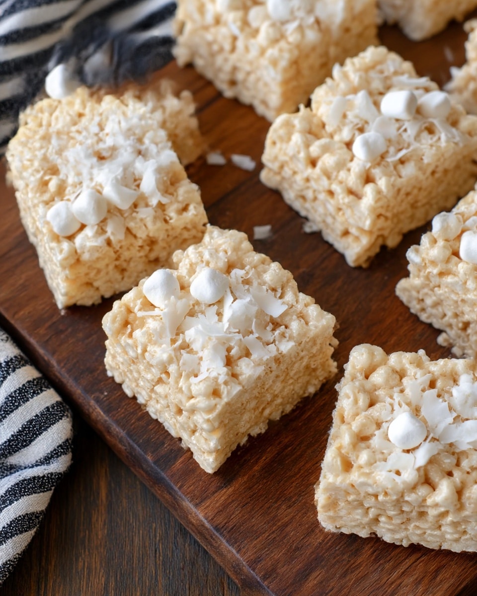 Square bars made of light beige crispy rice mixed with white marshmallows are scattered on a dark wooden cutting board. Each bar is topped with small shreds of white coconut, giving a soft texture on top. The close-up shot shows the puffy and chewy mix of the rice and marshmallow layer. The background includes a piece of black and white striped cloth and a wooden table beneath the board. Photo taken with an iphone --ar 4:5 --v 7