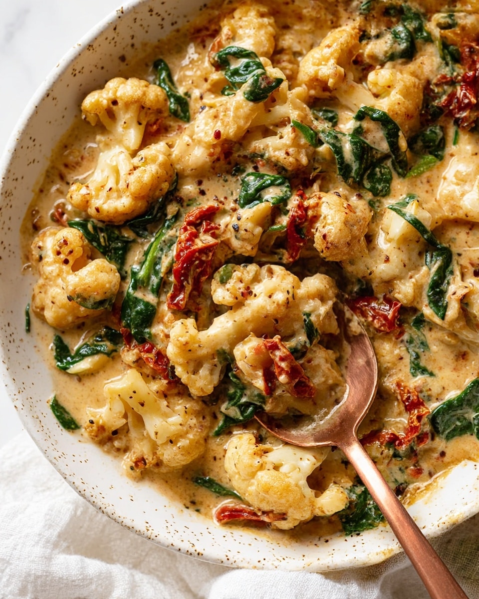 The dish shows a close-up of creamy cauliflower curry served in a white bowl with speckled details. The dish has multiple layers including soft, golden-brown roasted cauliflower florets, wilted dark green spinach leaves, and bright red sun-dried tomato pieces, all mixed in a thick, light brown creamy sauce with visible black pepper specks. A copper spoon is partly dipped into the curry, revealing the creamy texture and the mix of vegetables. The bowl rests on a white marbled texture, and a white cloth is partly visible under the bowl. photo taken with an iphone --ar 4:5 --v 7