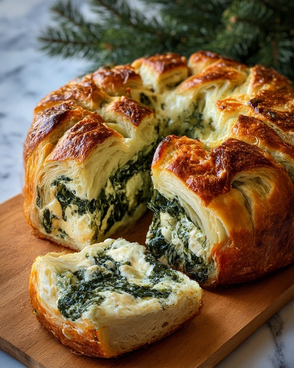 A round, thick savory bread with a golden brown, crispy crust on the outside, showing layered, soft white dough inside. The bread is filled with layers of dark green spinach and creamy white cheese visible in the thick slice cut out and placed in front. The texture looks fluffy with the crust slightly browned and cracked at the top, giving it a rustic look. It sits on a wooden board with a blurred green pine branch in the background and a white marbled surface underneath. Photo taken with an iphone --ar 4:5 --v 7