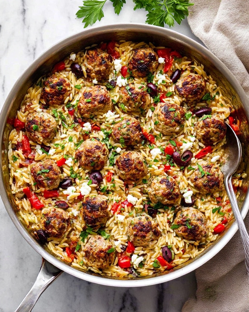A large silver pan filled with a colorful dish featuring two main layers: the base layer is light golden orzo pasta scattered evenly across the pan, mixed with small, diced red bell peppers and black olives. On top, there are numerous browned meatballs with a slightly crispy texture, each meatball spaced to show the ingredients underneath. The dish is garnished with small white crumbles of soft cheese and sprinkled with fresh green herbs, adding contrast and freshness to the presentation. The pan is placed on a white marbled surface with a partially visible beige cloth and a sprig of parsley nearby, and a silver spoon is resting inside the pan. photo taken with an iphone --ar 4:5 --v 7