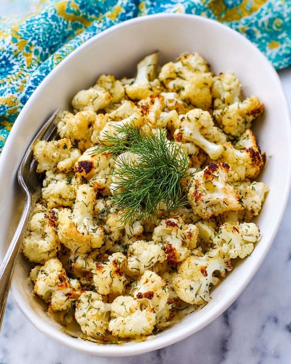 A white oval dish is filled with roasted cauliflower pieces that are light golden brown with some charred spots, showing a crispy texture. The cauliflower chunks are sprinkled with finely chopped green herbs, and a small bunch of fresh dill sits on top in the center. A silver fork is partially visible on the left side of the dish. The dish is placed on a white marbled surface, and a colorful patterned cloth with blue, green, and yellow designs is in the background. photo taken with an iphone --ar 4:5 --v 7