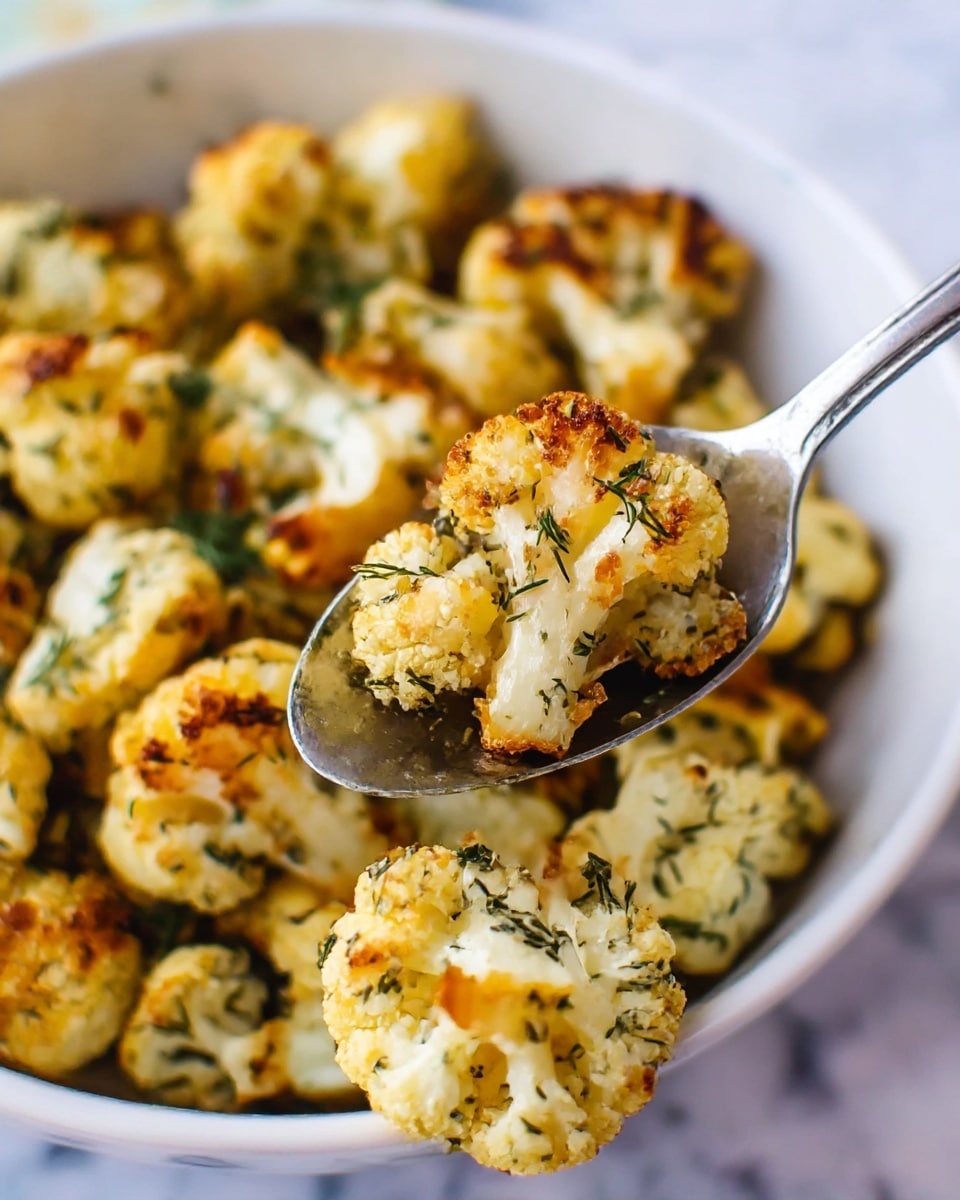 The image shows a white bowl filled with roasted cauliflower pieces, each piece golden brown with crispy edges and specks of green herbs like dill scattered on top. In the foreground, a spoon holds two cauliflower florets, showcasing their slightly charred texture and herb coating. The overall look is warm and appetizing, with the cauliflower having a mix of light yellow, white, and green colors, set against a white marbled surface. Photo taken with an iphone --ar 4:5 --v 7