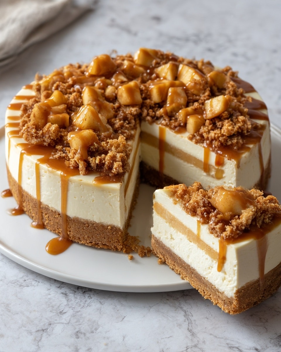 A cheesecake with four visible layers sits on a white plate. The bottom layer is a thick, crumbly brown crust. Above that is a smooth light yellow cream layer. The third layer is a thicker creamy white cheese layer. The top layer shows chunky pieces of baked apples mixed with coarse brown crumbs, with a drizzle of caramel sauce running down the sides and onto the plate. One slice is cut and slightly pulled out, revealing all the layers clearly, with some crumbs and caramel sauce scattered around on a white marbled surface. Photo taken with an iphone --ar 4:5 --v 7