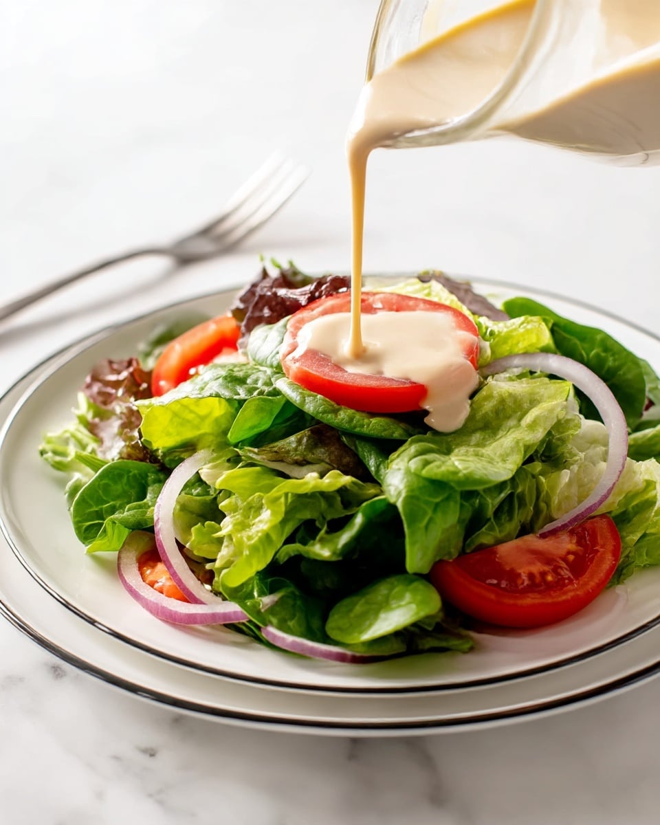A fresh salad is shown on a white plate with a thin black rim, placed on a white marbled surface. The salad has multiple layers starting with green leafy lettuce and spinach forming the base, showing a mix of light and dark green colors with crinkled and smooth textures. On top, there are bright red tomato slices and thin purple rings of onion scattered around. Creamy beige dressing is being poured from a container onto the center of the salad, adding a smooth, flowing texture over the greens. A silver fork rests in the background near the salad. Photo taken with an iphone --ar 4:5 --v 7