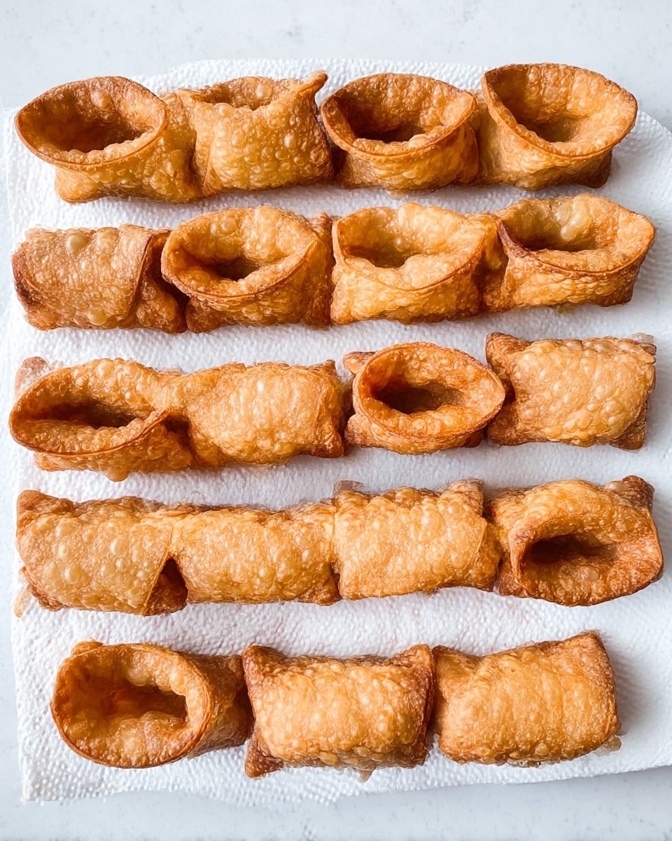 The image shows fourteen crispy, golden-brown fried pastry shells arranged in two neat rows on a white paper towel, which absorbs excess oil. Each shell has a bubbly, textured surface with folds pinched in the middle, creating an open cylindrical shape with two hollow ends. The shells have a slightly uneven, rustic look, with some showing darker golden spots, all placed on a white marbled textured surface. photo taken with an iphone --ar 4:5 --v 7