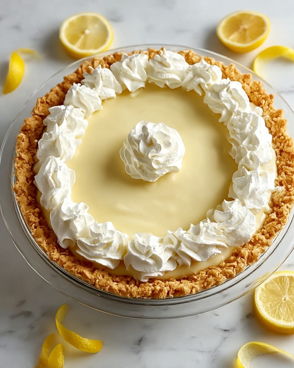 The image shows a lemon cream pie with three main layers. The bottom layer is a golden-brown, textured pie crust that looks crisp and evenly baked. The middle layer is a smooth, pale yellow lemon cream filling that covers the crust fully. On top, there is a ring of white whipped cream dollops around the edge, with one larger dollop in the center. The pie sits on a clear glass plate, placed on a white marbled surface. Around the pie, there are a few yellow lemon peels and slices, adding a fresh touch to the scene. Photo taken with an iphone --ar 4:5 --v 7