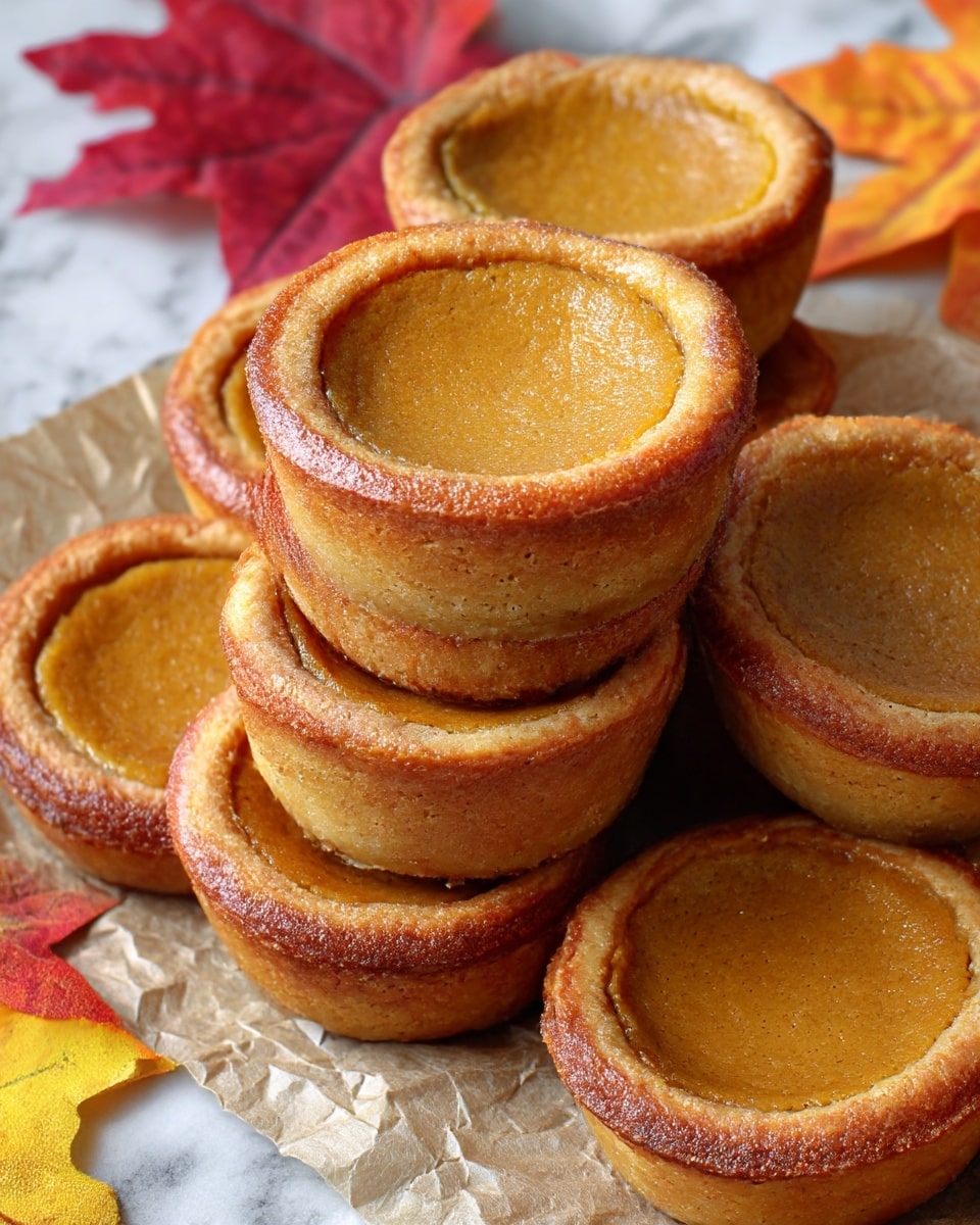 A close-up view of a stack of six small, round pumpkin pies with a golden-brown crust and a soft, smooth orange filling inside. Each pie has a slightly crispy outer edge and a tender, moist texture in the middle. Two pies lie flat nearby, showing the firm yet creamy filling clearly. The pies rest on crinkled parchment paper, with colorful autumn leaves in shades of red, yellow, and orange placed around them. The surface beneath has a white marbled texture. photo taken with an iphone --ar 4:5 --v 7