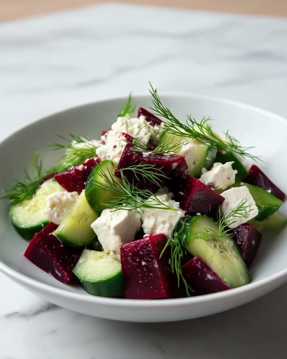 A fresh salad presented in a white bowl features three main layers: the bottom layer has deep red beetroot cubes, the middle layer shows bright green cucumber slices with their textured skin and pale interiors, and the top layer includes white chunks of crumbly cheese scattered unevenly. Fresh sprigs of green dill with fine, feathery leaves are placed both on top and around the ingredients, adding a touch of lightness. The salad is arranged to showcase the contrast between the dark purples, vibrant greens, and soft whites, all set against a white marbled surface in the background. photo taken with an iphone --ar 4:5 --v 7