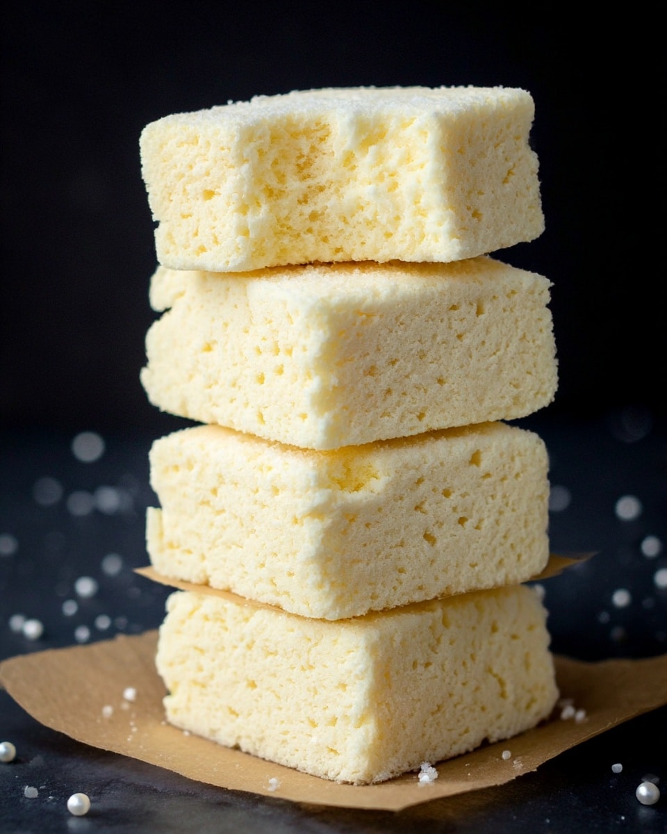 A stack of five soft, light yellow squares resembling marshmallows or sponge cake pieces sits on a small piece of brown parchment paper. Each square layer has a slightly rough and porous texture, with the top piece showing a bite taken out of it, revealing a fluffy, airy inside. The background is dark, making the pale layers stand out clearly against it. Some small white grains and pearl-like sprinkles are scattered on the surface around the stack, which is a white marbled texture. photo taken with an iphone --ar 4:5 --v 7