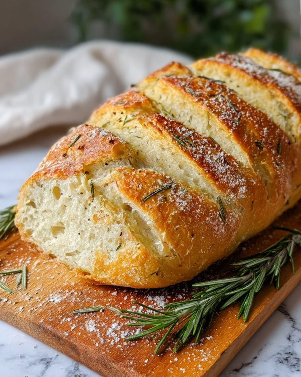 The image shows a golden-brown loaf of bread with a crusty texture and an airy inside, placed on a wooden board. The bread has three deep diagonal cuts on the top, revealing the soft white interior with small holes. Scattered on the bread's surface are small green rosemary leaves and a light dusting of flour and black pepper. Fresh sprigs of rosemary lie next to the bread on the board. The background features a white cloth and a blurred green plant, all set on a white marbled texture. photo taken with an iphone --ar 4:5 --v 7