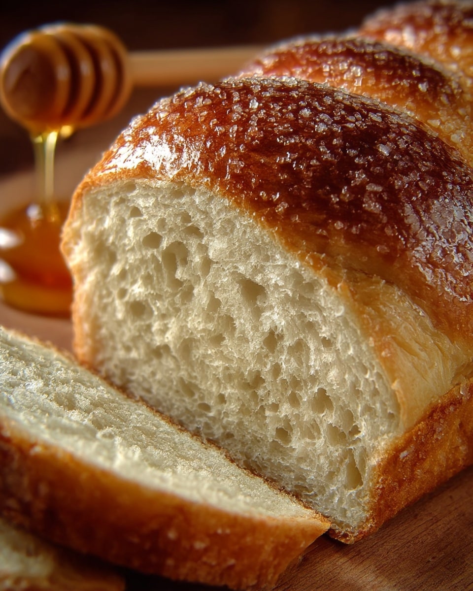 The image shows a close-up of a sliced bread loaf with a golden-brown, shiny crust covered in coarse sugar crystals on top. The inside of the bread is soft and fluffy with a light cream color and an airy texture. The bread rests on a wooden surface, and in the background, there is a honey dipper with dripping honey, adding a warm, sticky contrast to the bread’s texture. Photo taken with an iphone --ar 4:5 --v 7