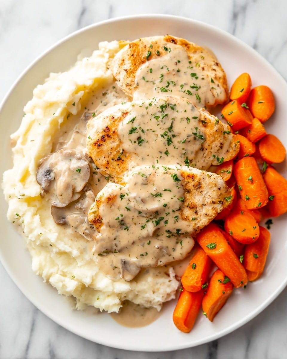 A white plate holds a meal with three main parts on a white marbled surface. On the left side, there is a layer of creamy mashed potatoes topped with thick beige gravy that contains small bits of mushrooms and herbs. Above the mashed potatoes, two golden-brown grilled chicken breasts sit, covered in a similar creamy beige sauce with some green herb sprinkles. On the right side of the plate, there is a neat pile of bright orange cooked carrots seasoned with small green herb pieces. The food looks fresh and well-prepared, with visible textures from the mashed potatoes, sauces, and cooked chicken. photo taken with an iphone --ar 4:5 --v 7