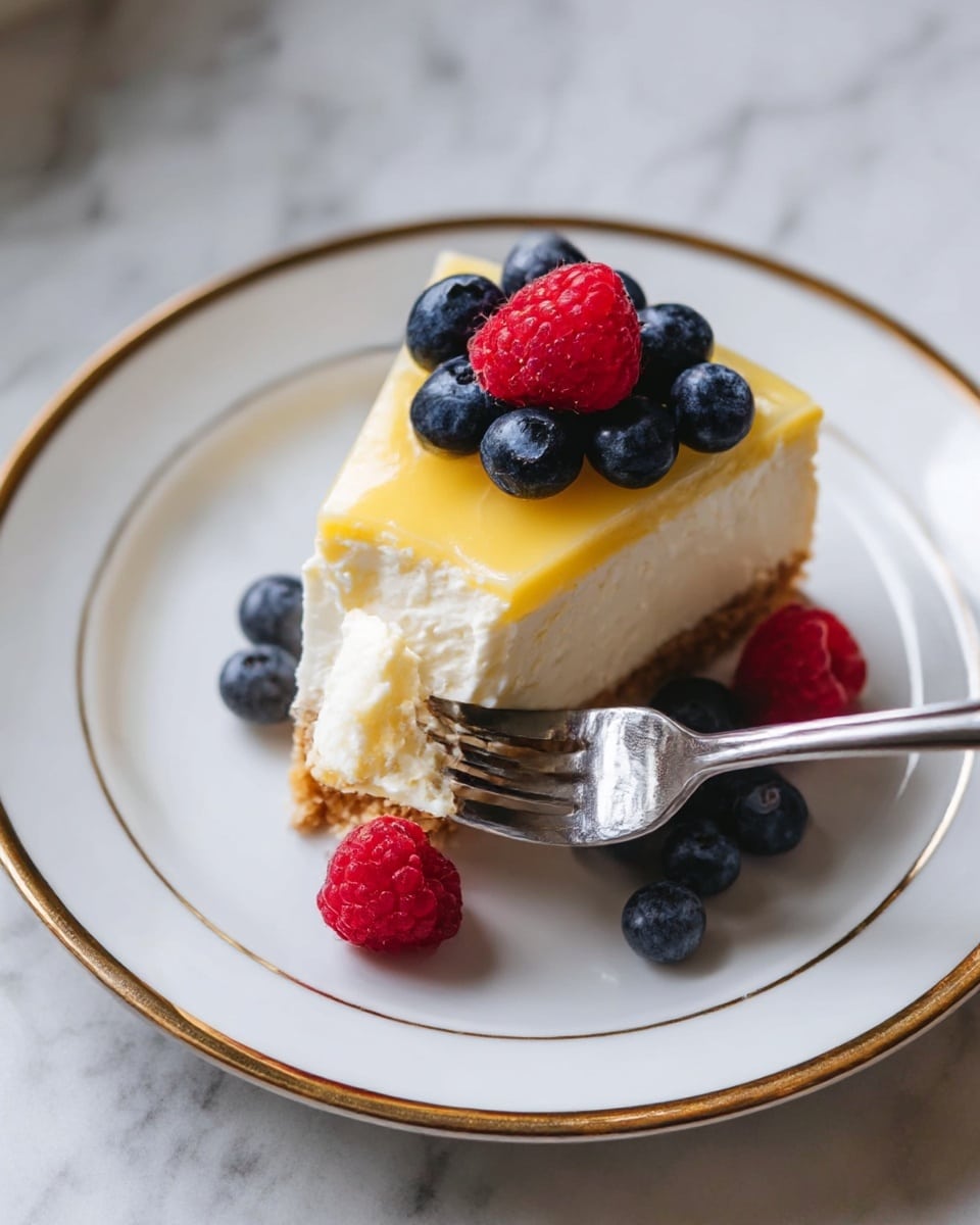 A slice of cheesecake with three visible layers: a light tan crumbly crust at the bottom, a thick white creamy middle layer, and a smooth yellow glossy topping. The slice is decorated with fresh blueberries and raspberries, some resting on the top layer and others scattered around the base. A silver fork is pressing gently into the creamy middle, lifting a bite. The cake is served on a white plate with a thin gold rim that sits on a white marbled surface. photo taken with an iphone --ar 4:5 --v 7