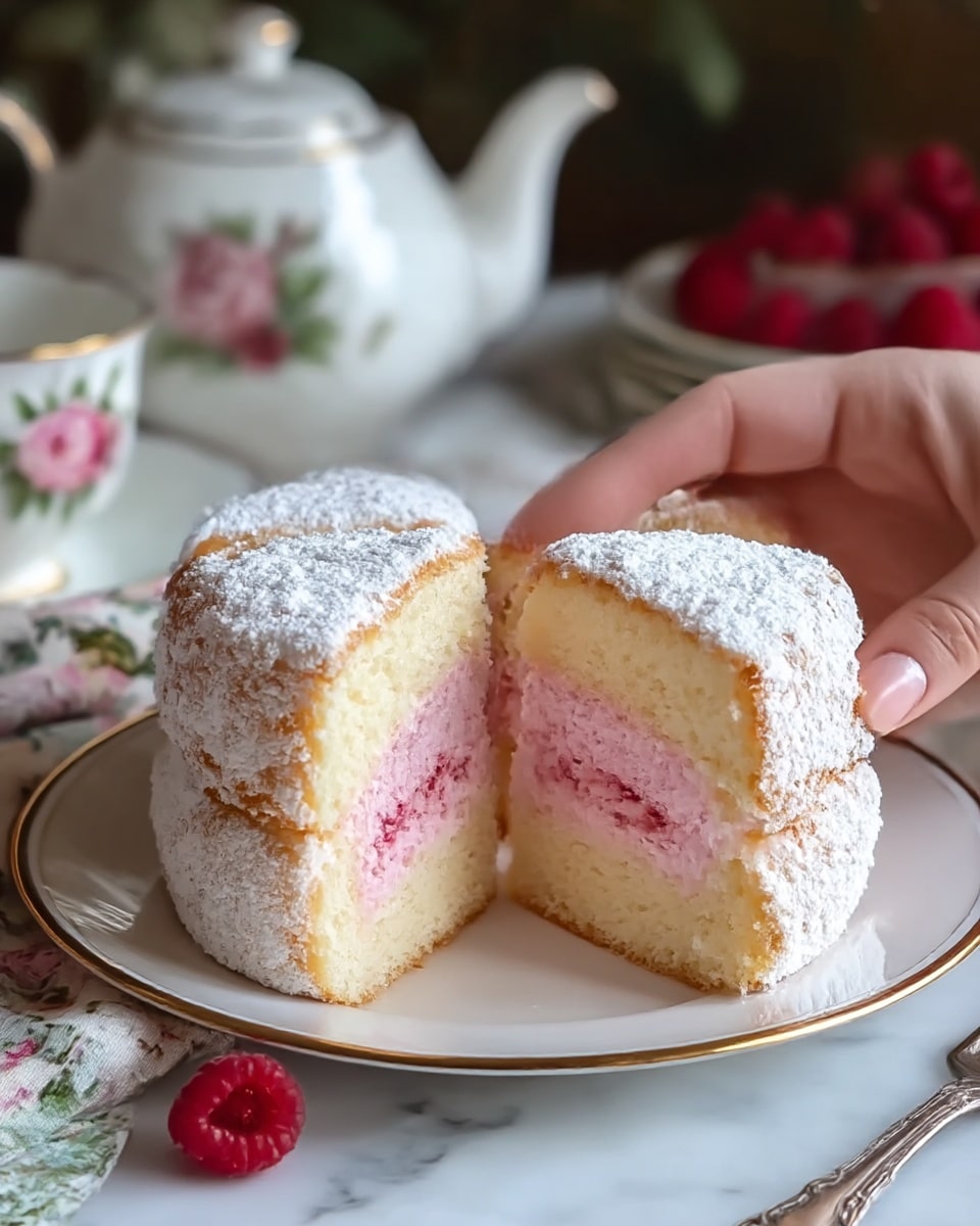 A round cake cut into four thick slices sits on a white plate with a gold rim, each slice showing three distinct layers: the outer layer is light golden and dusted heavily with white powdered sugar, the middle layer consists of soft pink sponge with hints of a deeper pink spot near the bottom, and the inner core is a pale cream color. The cake’s texture looks moist and fluffy with a light crumb. In the background, there is a blurred white teapot with floral decorations and a plate with red raspberries. A woman's hand is reaching out to pick a raspberry. The whole scene is set on a white marbled texture surface with a floral cloth and an antique silver fork nearby. Photo taken with an iphone --ar 4:5 --v 7