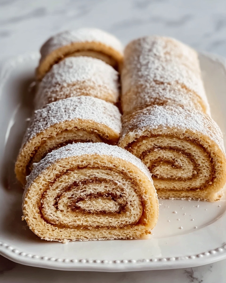 The image shows four rolled cakes placed side by side on a white plate with a decorative edge, sitting on a white marbled surface. Each roll has a light golden-brown outer layer covered with a dusting of powdered sugar, giving a soft, powdery texture. Inside, the rolls display multiple thin layers of cake and a light brown filling spiraled tightly, showing a contrast between the creamy cake and the slightly darker filling. The rolls look moist and soft, with the layers clearly visible and evenly spaced. photo taken with an iphone --ar 4:5 --v 7