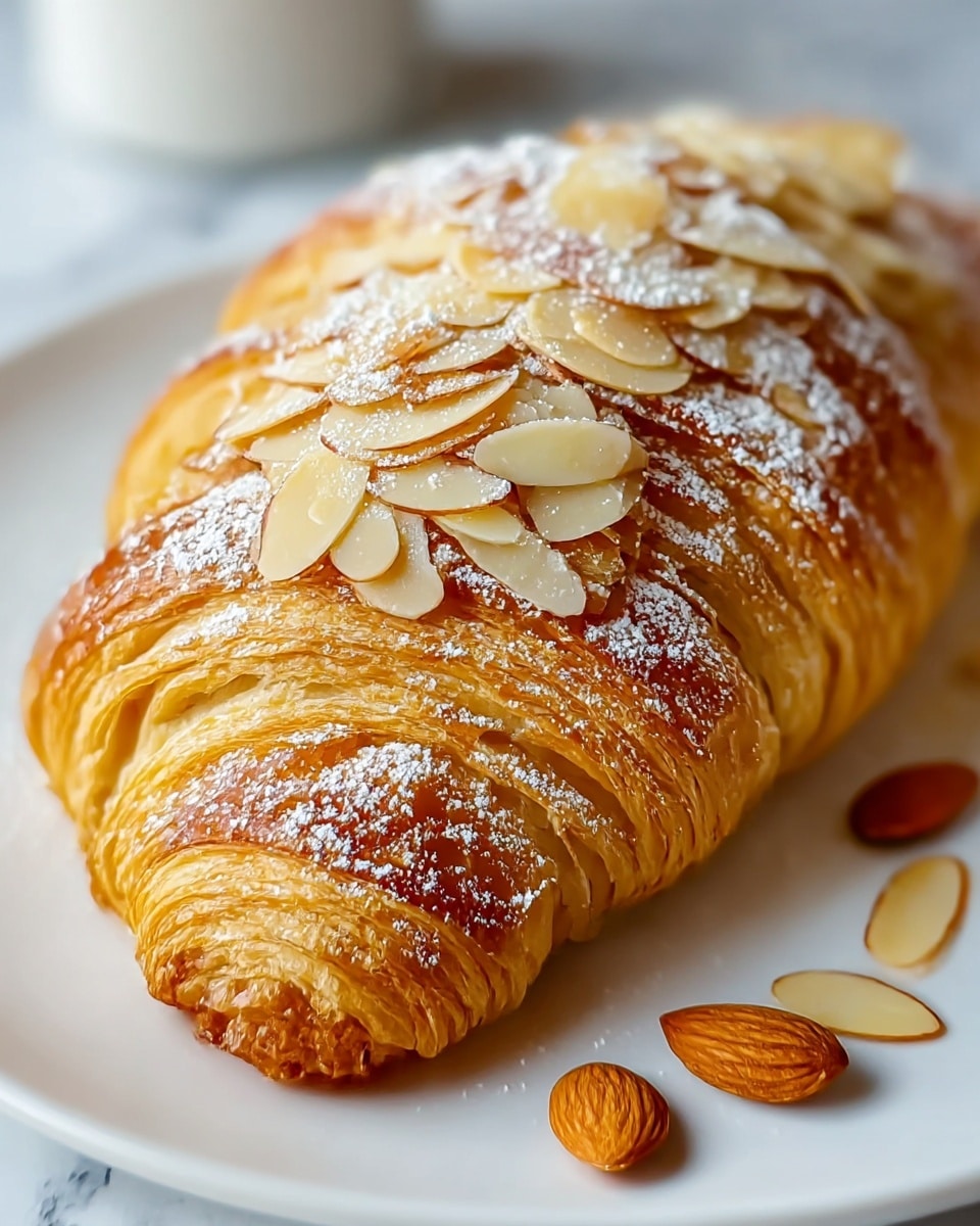 A close-up view of a golden brown almond croissant resting on a white plate, showing multiple flaky layers of the pastry, topped with thin, toasted almond slices and a light dusting of powdered sugar, with a few almond slices scattered on the plate; the background features a blurred white marbled texture. photo taken with an iphone --ar 4:5 --v 7