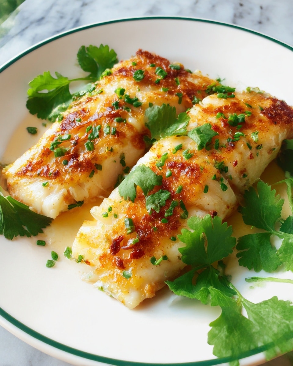 A white plate with a thin green line around the edge holds three cooked fish fillets arranged side by side. Each fillet has a golden-brown crispy top layer with small browned bits and a slightly flaky texture. The fish is garnished with small green chopped herbs scattered evenly on top and fresh green leafy cilantro placed around and on the fillets. The background shows a white marbled surface. photo taken with an iphone --ar 4:5 --v 7