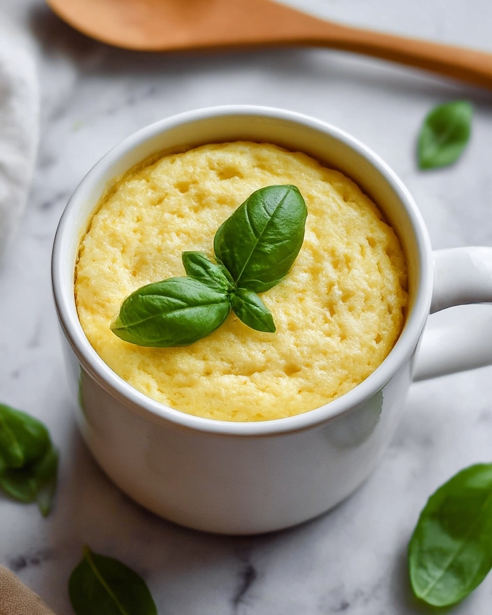 A white mug filled with a light yellow, fluffy baked dish that has a slightly textured, soft top layer, garnished with bright green basil leaves placed gently in the center. The mug sits on a white marbled surface with a wooden spoon slightly blurred in the background, and a few scattered green basil leaves around it. The overall look is simple and fresh, with the focus on the airy, warm food inside the white mug. photo taken with an iphone --ar 4:5 --v 7