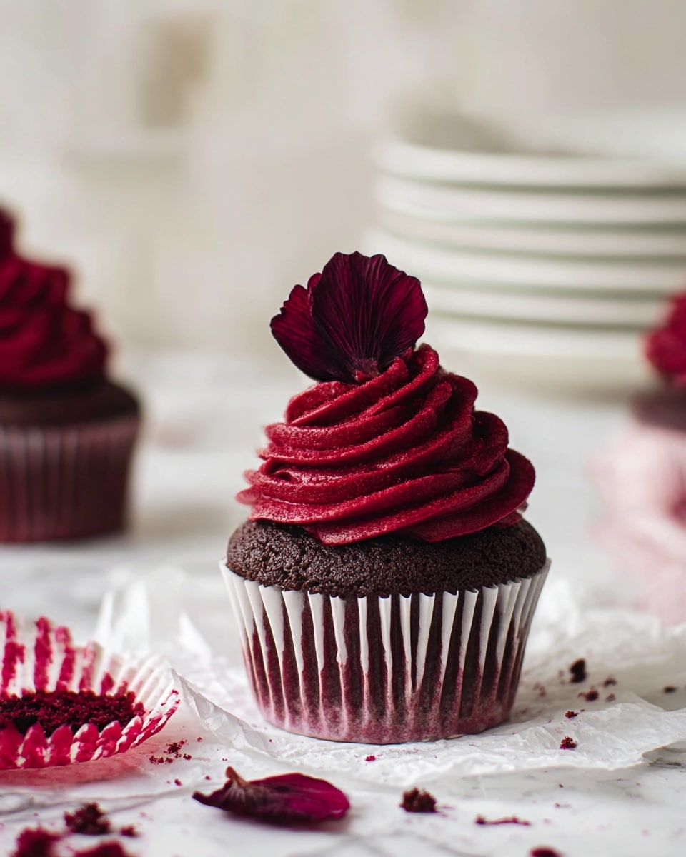 A chocolate cupcake with deep red frosting swirled in a tall spiral on top, the cake is dark brown and set in a white paper liner with red tint near the base. On top of the frosting, a dark red dried flower slice is placed standing upright. The cupcake is resting on crumpled white paper, with red cupcake liner pieces and crumbs scattered around. In the background, blurred stacks of white plates are visible on a white marbled surface. photo taken with an iphone --ar 4:5 --v 7