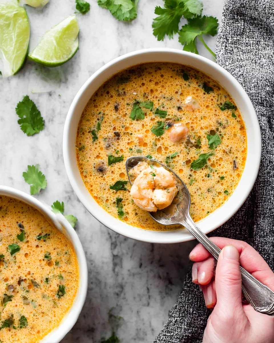 Two white bowls filled with creamy soup that has an orange tint with specks of oil on top. The soup contains shrimp pieces, green herbs like cilantro, and small bits of onions or mushrooms. A woman's hand holds a silver spoon filled with a chunk of shrimp and herbs over the bowl in the lower part of the image. The bowls are placed on a white marbled surface with lime wedges and sprigs of cilantro nearby. A gray textured cloth is partially visible on the right side of the image. Photo taken with an iphone --ar 4:5 --v 7