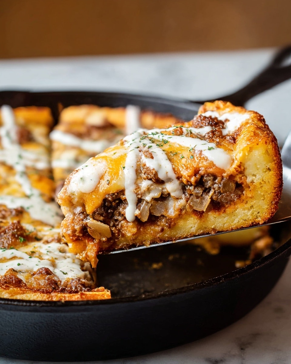 A close-up of a slice of deep-dish pizza being lifted from a black cast iron skillet with a metal spatula. The slice has three visible layers: the bottom layer is thick, golden, and crispy crust with a crunchy texture; the middle layer is a hearty mix of cooked ground beef with a slightly browned surface and bits of melted onions; the top layer is a generous amount of melted cheese in creamy white and orange colors, drizzled with a white creamy sauce and sprinkled with green herbs. The background shows more of the same pizza inside the skillet, sitting on a white marbled surface. Photo taken with an iphone --ar 4:5 --v 7