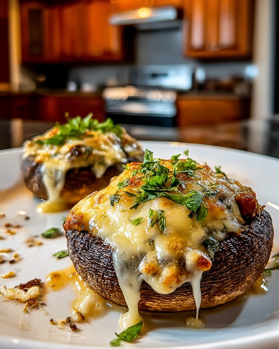 The image shows two large stuffed mushrooms on a white plate. Each mushroom has a dark brown base with visible gill texture, topped with a thick layer of melted cheese that is golden brown and bubbly in places. Fresh green herbs are sprinkled on top, adding bright color contrast and a fresh look. Some cheese drips down the sides, and there are small bits of seasoning or garlic around the mushrooms on the plate. The background is a kitchen space with wooden cabinets and a blurred stove. The photo taken with an iphone --ar 4:5 --v 7