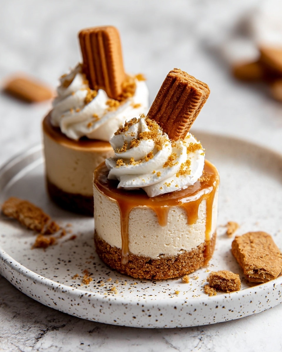 Two small layered cheesecakes sit on a white speckled plate against a white marbled background. Each cheesecake has a thick, crumbly brown base, a creamy beige middle layer, and a smooth caramel topping that drips slightly over the side. On top, there is a swirl of white whipped cream sprinkled with golden cookie crumbs. One cheesecake is decorated with a whole rectangular brown cookie inserted upright into the whipped cream, while the other cheesecake has cookie crumbs on top of its whipped cream. Small cookie crumbs are scattered around the plate and surface, adding texture to the scene. Photo taken with an iphone --ar 4:5 --v 7