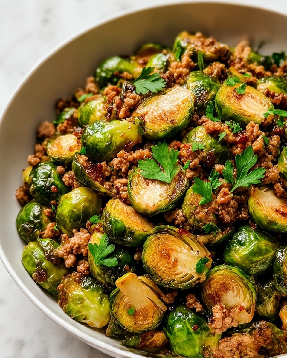 A close-up view of a white bowl filled with cooked Brussels sprouts and ground meat. The Brussels sprouts are halved, showing a mix of bright green outer leaves and lightly browned, caramelized cut sides. The ground meat is crumbly and brown, mixed evenly throughout the dish. Fresh green parsley leaves are sprinkled on top, adding a touch of color and freshness. The bowl sits on a white marbled textured surface, and the photo captures a warm and appetizing look. photo taken with an iphone --ar 4:5 --v 7