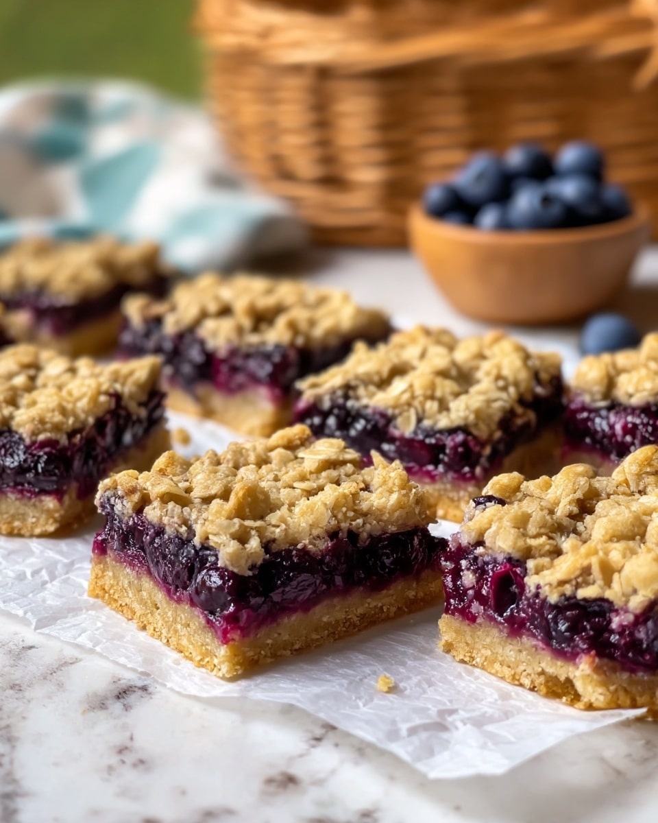 The dish shows five steps: the first layer is a mix of dry oats, nuts, seeds, and dried red and green berries with a wooden spoon scooping from a white bowl, showing a rough and grainy texture; the second layer is a smooth, thick orange puree in a white round container with a wooden spoon dipped in it; the third layer shows the puree being poured over a base of oats, pecans, and other dry ingredients in a white bowl, with a small white bowl holding rolled oats on the side; the fourth layer is a baking pan with a crumbly, golden oat mixture spread evenly with scattered fresh blueberries on top, a silver spoon spreading more oat crumble on the surface, all on a white marbled texture; the final layer displays cut bars of the baked dessert revealing a purple blueberry filling inside, with a golden crumbly crust and some oats falling off, all on parchment paper over a white marbled surface. photo taken with an iphone --ar 4:5 --v 7