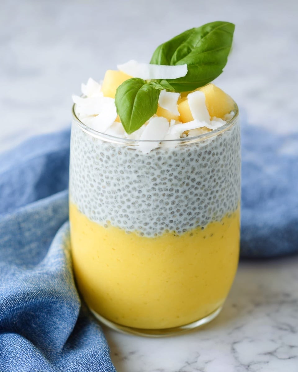 A clear glass shows a two-layered dessert placed on a white marbled surface covered partly by a blue and white cloth. The bottom layer is a thick, smooth yellow cream filling half of the glass. The top layer is a speckled light gray chia pudding, filling the other half. On top, white coconut flakes and light yellow fruit pieces sit under a fresh green basil leaf for garnish. Photo taken with an iphone --ar 4:5 --v 7