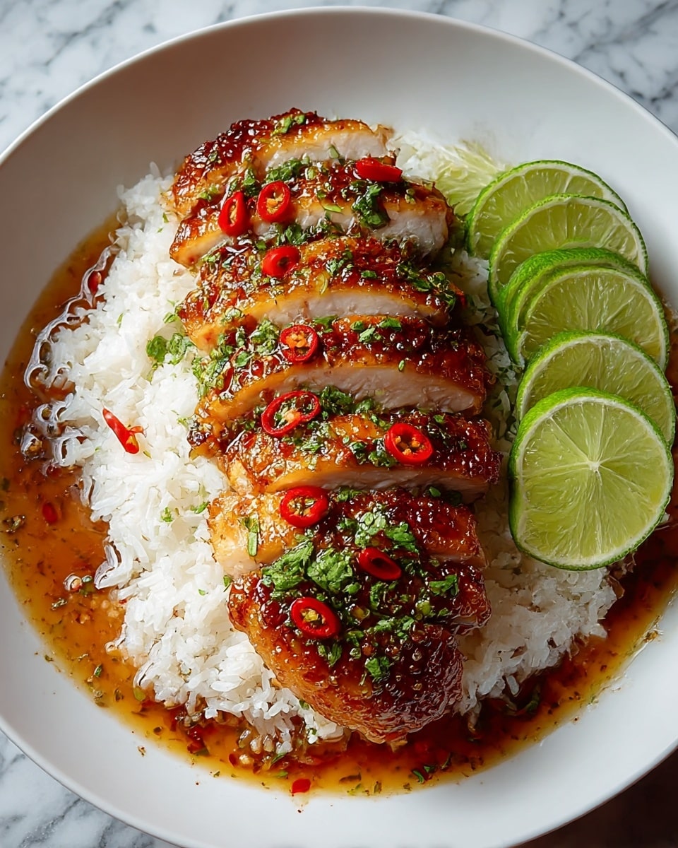A white bowl filled with a bed of fluffy white rice as the base layer, topped with five slices of glazed, golden-brown chicken arranged in a slightly curved line. The chicken has a crispy, shiny texture with visible seasoning of red chili slices and chopped green herbs spread over it. On the right side of the bowl, there are six thin lime slices stacked neatly. A light brown sauce pools around the rice, adding a glistening effect. The whole dish is placed on a white marbled surface. Photo taken with an iphone --ar 4:5 --v 7