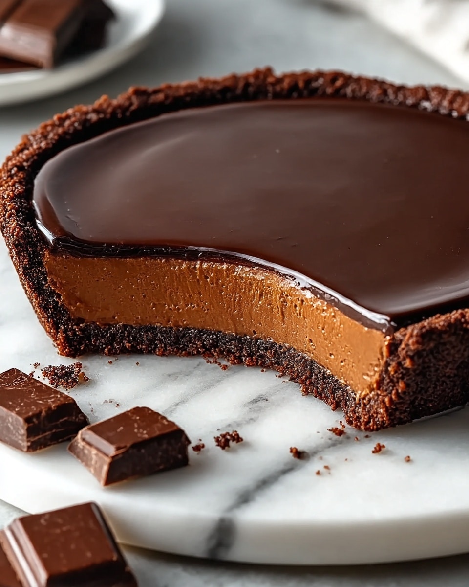 A chocolate pie with three visible layers on a white marbled plate: the bottom crust layer is dark brown, crumbly, and thick, forming the base and sides of the pie; the middle layer is a rich, creamy chocolate filling with a smooth texture and slightly lighter brown color; the top layer is a glossy, dark chocolate ganache evenly spread across the surface, reflecting light. The pie has a bite taken out of it, revealing these layers clearly, with some crumbs scattered on the plate and a few pieces of chocolate in the foreground. Photo taken with an iphone --ar 4:5 --v 7