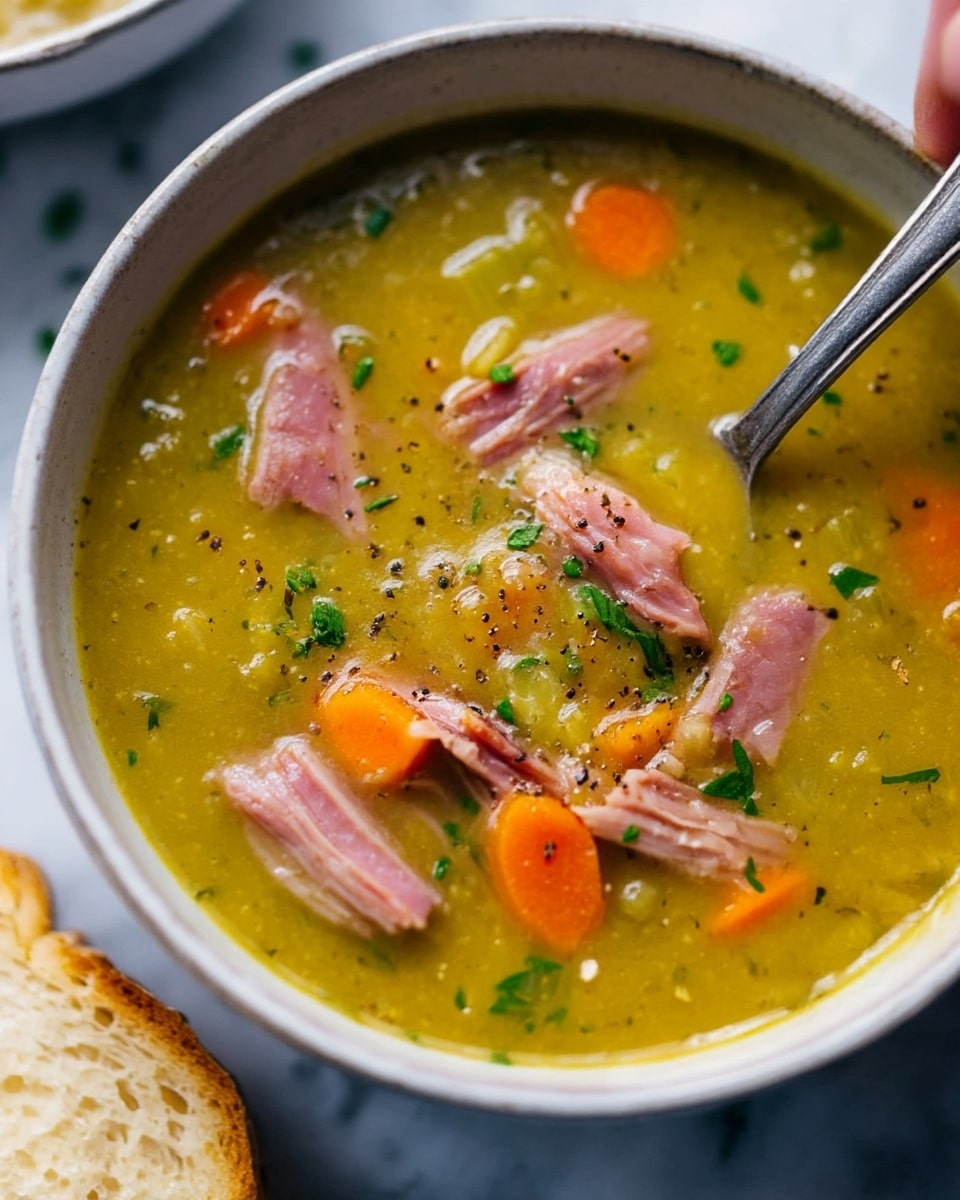 A close-up image shows a bowl of thick yellow-green split pea soup filled with soft, shredded pink ham pieces and small orange carrot slices. The soup also contains bits of light green celery and is sprinkled with fresh green herbs and ground black pepper throughout. A silver spoon rests inside the soup on the right side of the ceramic white bowl, placed on a white marbled surface. Part of a slice of light golden brown bread is visible at the bottom left corner. Photo taken with an iphone --ar 4:5 --v 7