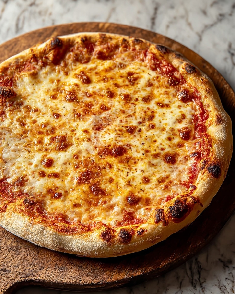 A round pizza with one main layer of melted golden cheese that is browned in spots, spread evenly over a thin layer of red tomato sauce. The crust is thick and light beige with some charred, darker brown spots, and it is puffy and uneven around the edges. The pizza rests on a wooden peel, and the background is changed to a white marbled texture. Photo taken with an iphone --ar 4:5 --v 7