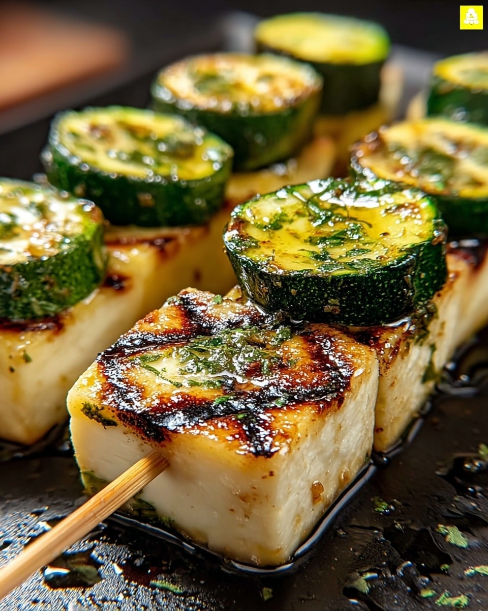 The image shows close-up grilled skewers with two layers each: a thick white tofu piece with a grilled shiny golden-brown surface featuring dark grill marks, topped by a green zucchini slice with a slightly charred white center sprinkled with green herbs, all glistening with oil. The skewers are set on a dark pan with some oil droplets around, all placed on a white marbled texture. Photo taken with an iphone --ar 4:5 --v 7