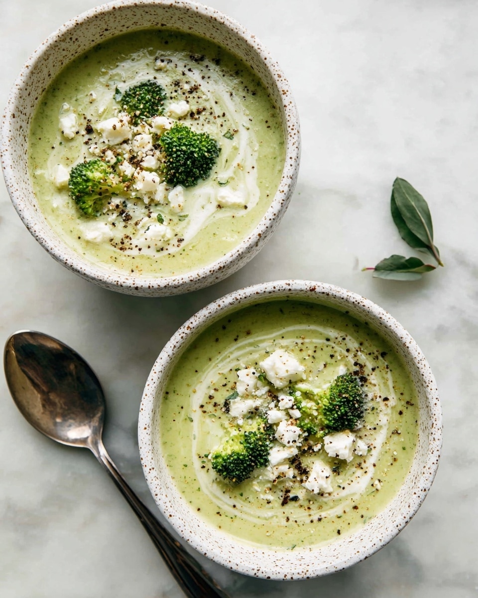 Two white speckled bowls filled with a light green creamy soup are placed on a white marbled surface. Each bowl shows a swirl of white cream mixed into the soup, topped with small bright green broccoli florets and crumbled white cheese. Black pepper is sprinkled generously over the surface, adding specks of dark contrast. A silver spoon lies next to the bowls, and a small green herb leaf rests on the marble nearby. The overall look is fresh and inviting with soft, muted colors. photo taken with an iphone --ar 4:5 --v 7