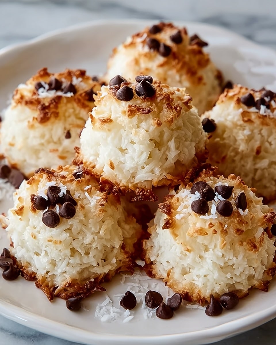 A white plate holds six rounded coconut macaroons, each with a rough textured white base made of shredded coconut. The tops and edges of each macaroon have a golden brown toasted crust that contrasts with the bright white coconut inside. Scattered on and around the macaroons are small, shiny dark brown chocolate chips, and thin white coconut flakes add extra texture. The plate sits on a white marbled surface, giving a clean and simple look. photo taken with an iphone --ar 4:5 --v 7