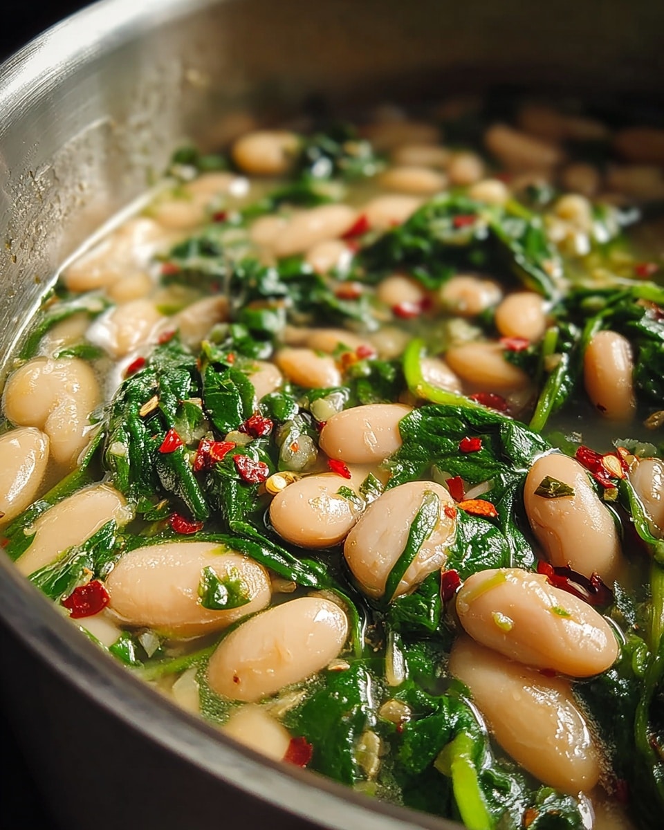 A close-up view of a dish with two main layers visible inside a silver pot: the bottom layer is a light broth with a slight oily texture, and the top layer has creamy light beige beans and bright dark green spinach leaves mixed evenly. Small red chili flakes and some finely chopped herbs are scattered throughout, adding texture and pops of color. The beans look soft and shiny, while the spinach appears wilted but fresh. photo taken with an iphone --ar 4:5 --v 7