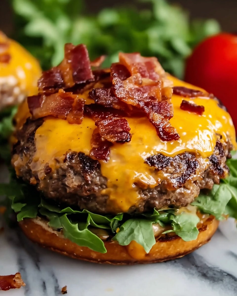 A close-up of a burger patty layered with melted bright orange cheddar cheese covering the top and edges, topped with small strips of crispy, reddish-brown bacon. Underneath the patty, there is a layer of fresh green leafy lettuce peeking out. The burger sits on a white marbled surface with a few blurred green leaves and a small red tomato visible in the background. The textures show the juicy, slightly charred beef patty, the creamy melted cheese, and the crunchy bacon pieces on top. Photo taken with an iphone --ar 4:5 --v 7