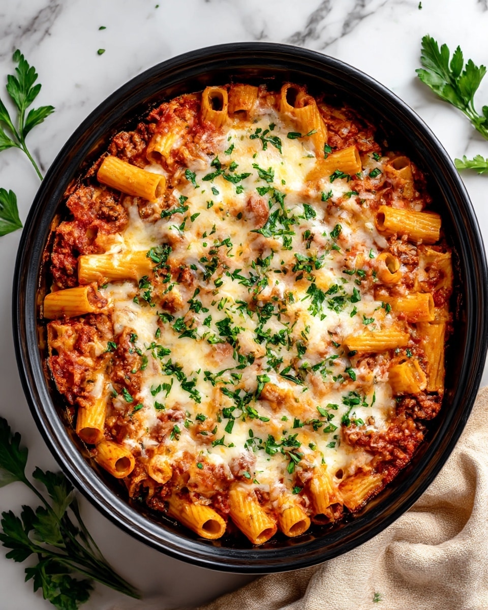 A round black casserole dish filled with baked rigatoni pasta. The bottom layer is a rich red tomato sauce mixed with browned ground meat, covered by a thick layer of rigatoni pasta tubes coated in sauce. On top, there is a melted golden cheese layer scattered unevenly, with finely chopped green herbs sprinkled over the cheese. The dish is placed on a white marbled surface with a beige cloth partially visible on the side and some fresh green herbs around. Photo taken with an iphone --ar 4:5 --v 7