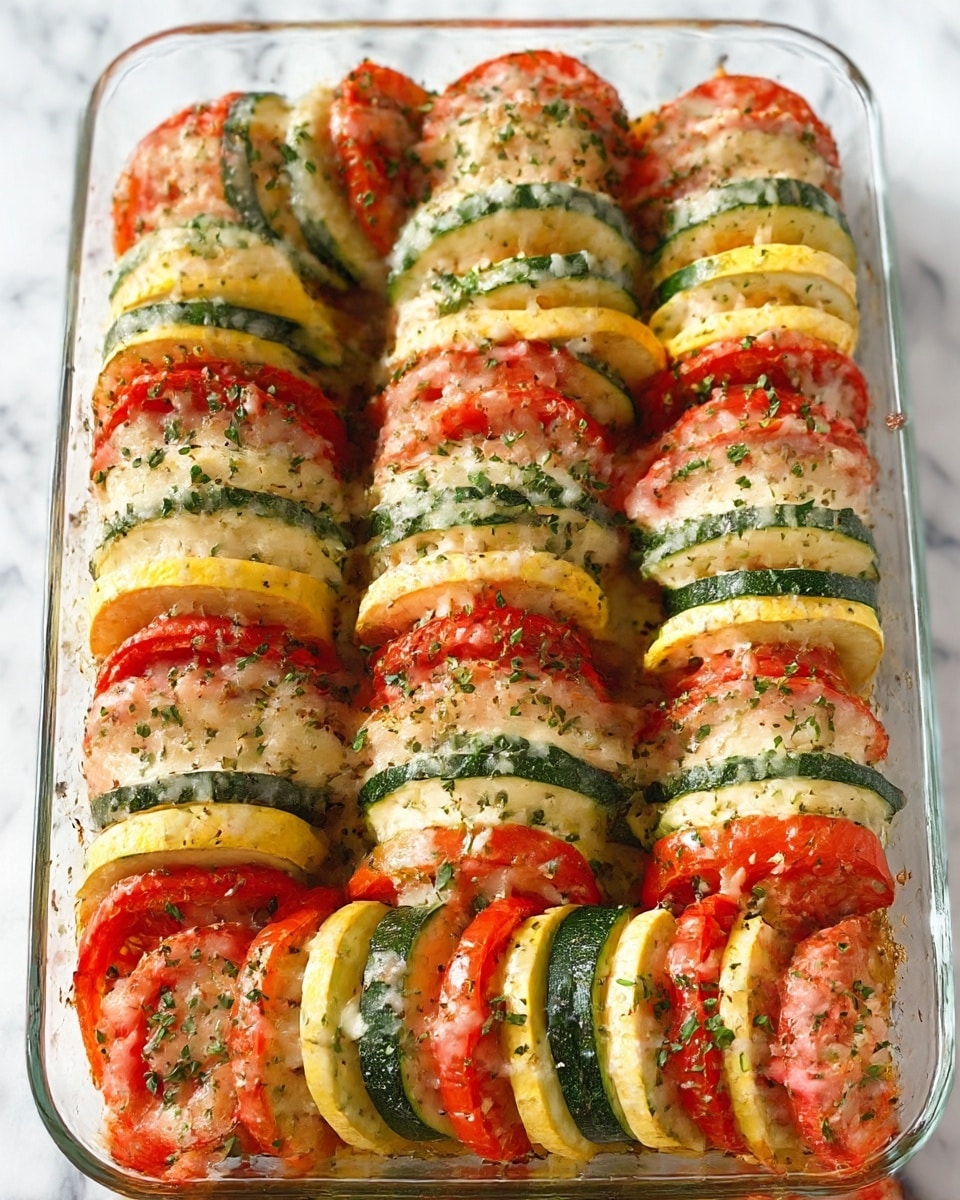 The image shows a clear glass baking dish filled with neatly arranged slices of red tomatoes, green zucchini, and yellow squash, layered vertically in repeating rows. Each vegetable slice is topped with melted cheese, sprinkled with black pepper and small bits of green herbs. The layers have a soft, cooked texture with some bubbling cheese edges. The dish sits on a white marbled surface, and the overall colors are bright with a mix of red, green, yellow, and creamy white from the cheese. photo taken with an iphone --ar 4:5 --v 7